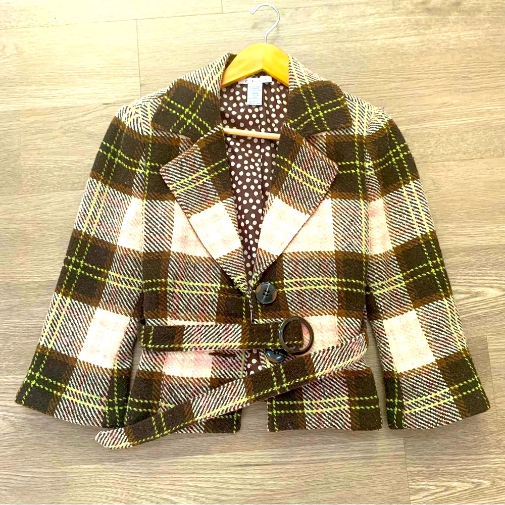 CAbi Brown & Pink Plaid Wool Belted Jacket